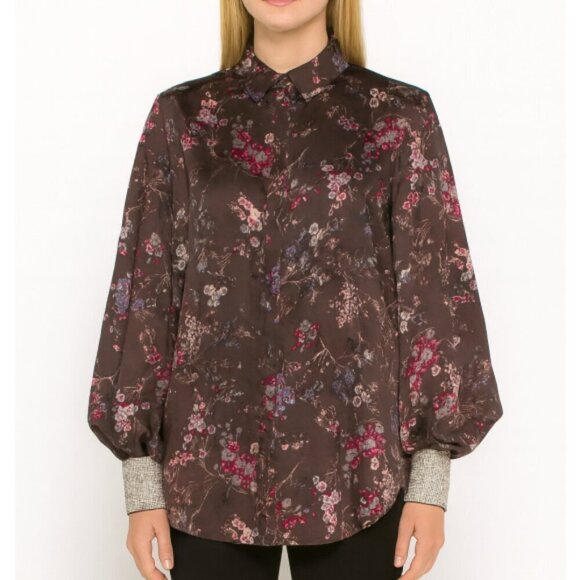 Cinq à Sept 'Selina' Sakura Floral Crystal-Cuff Blouse Top Asphalt Multi